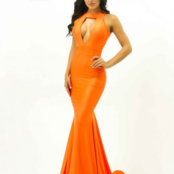 Jessica Angel Bright Orange Halter Satin Stretch Jersey Dress - Picture 4 of 10